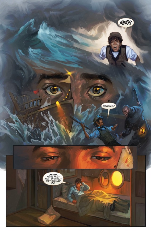 A sample page from the comic series, Clockwork Angels.  The reds and blues are brilliant, as are the emotions depicted.  Art by Nick Robles.
